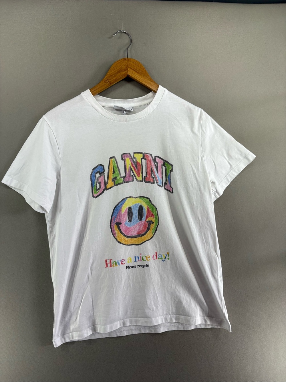 Ganni Smiley Rainbow Graphic T-shirt Women Small White Short Sleeve